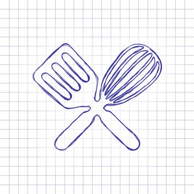 Mutfak Aracı simgesi. Çırpma teli ve spatula, criss ve çapraz. Elle çizilmiş resim kağıt sayfası. Mavi mürekkep, anahat kroki tarzı. Damalı zemin üzerine doodle