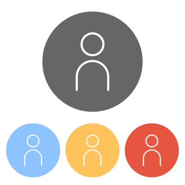 Basit kişi simgesi. Doğrusal sembol, ince anahat. Renkli daireler üzerinde beyaz simgeler kümesi