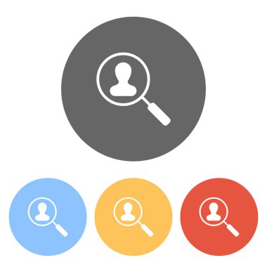 İnsan kaynakları simgesi. Büyüteç Camı kişi simge. Arama profili. Renkli daireler üzerinde beyaz simgeler kümesi