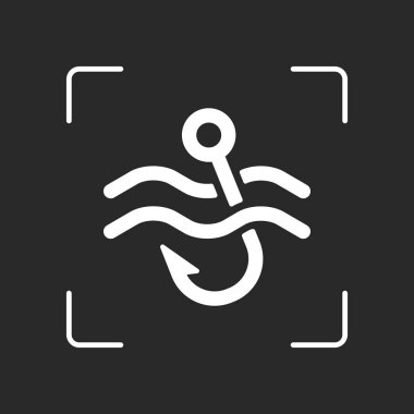 Balıkçılık kanca ve su. Basit simgesi. Beyaz nesne kamera otomatik odaklama koyu arka plan üzerinde