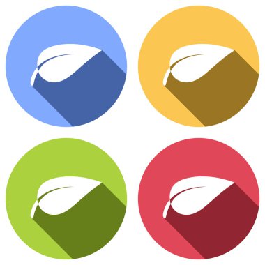 yaprak simgesi. Mavi, turuncu, yeşil ve kırmızı renkli daireler uzun gölge ile beyaz simgeler kümesi. Etiket tarzı