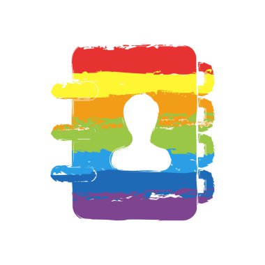 Adres defterinde kişi ile kapak. basit simgesi. Çizim işaretiyle Lgbt stil, gökkuşağı (kırmızı, turuncu, sarı, yeşil, mavi, Indigo, menekşe, yedi renk