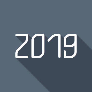 2019 sayı simgesi. Yeni Yılınız Kutlu Olsun. Uzun Gölge arka plan üzerinde beyaz düz simgesi