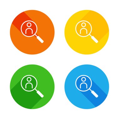 İnsan secource, arama profili. Doğrusal simgesi, ince anahat. Renkli daireler arka plan düz beyaz simgesi. Dört farklı uzun gölgeler her köşe
