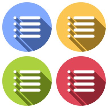 Basit liste menü simgesi. Mavi, turuncu, yeşil ve kırmızı renkli daireler uzun gölge ile beyaz simgeler kümesi. Etiket tarzı