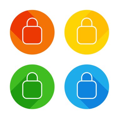 Basit kilit simgesi. Doğrusal sembol, ince anahat. Renkli daireler arka plan düz beyaz simgesi. Dört farklı uzun gölgeler her köşe