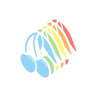 Kiraz yaprakları, doğa simgesi ile silüeti. Beyaz arka plan üzerinde renkli izometrik simgeler yığını