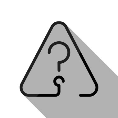 Uyarı üçgeni içinde soru işareti. İnce anahat ile doğrusal simgesi. Bir çizgi stili. Uzun gölge beyaz arka planda siyah nesnesiyle