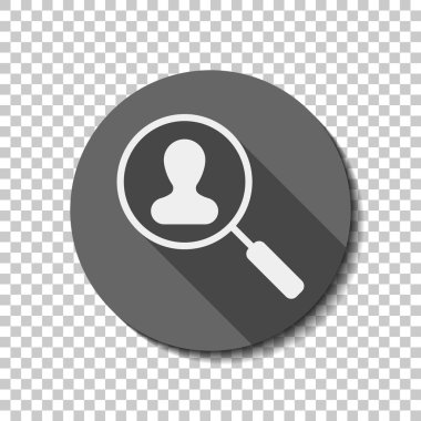 İnsan kaynakları simgesi. Büyüteç Camı kişi simge. Arama profili. düz simgesi, uzun gölge, daire, şeffaf ızgara. Rozet veya etiket stili