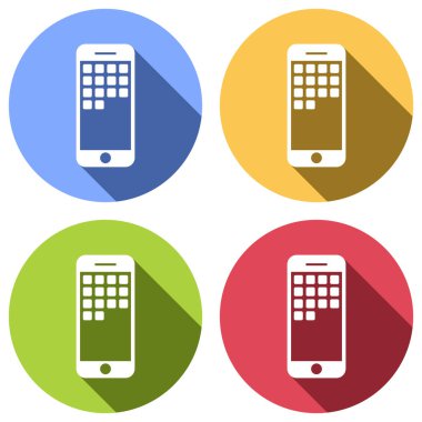 Metin simgesi. Mavi, turuncu, yeşil ve kırmızı renkli daireler uzun gölge ile beyaz simgeler kümesi. Etiket tarzı