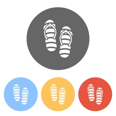 Plaj terlikleri. Flip flop simgesi. Renkli daireler üzerinde beyaz simgeler kümesi