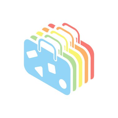 seyahat çantası, Bagaj, dava. Beyaz arka plan üzerinde renkli izometrik simgeler yığını