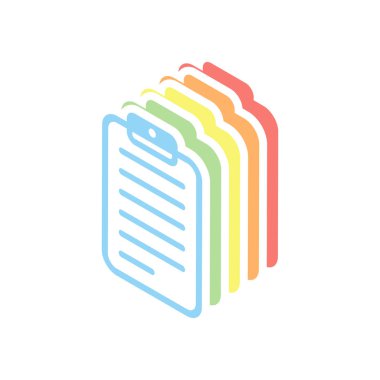 Tablet, metin ile kağıt. Beyaz arka plan üzerinde renkli izometrik simgeler yığını