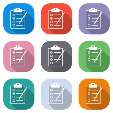 Kontrol listesi ile kalem simgesi. Beyaz simgeleri uygulamalar için renkli kareler olarak ayarlayın. Sorunsuz imkanı ve desen poster için