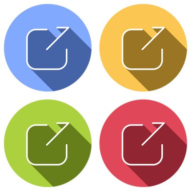 Paylaşımı, oturum kapatma veya karşıya yükleme. Çapraz ok Meydanı dışarı. Mavi, turuncu, yeşil ve kırmızı renkli daireler uzun gölge ile beyaz simgeler kümesi. Etiket tarzı