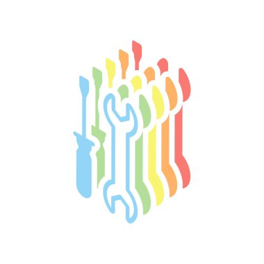 Tamir Servisi, İngiliz anahtarı ve tornavida, Araçlar. Beyaz arka plan üzerinde renkli izometrik simgeler yığını