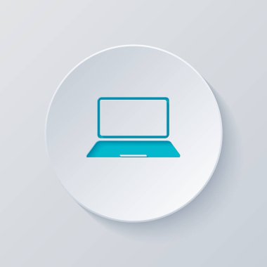 Laptop ya da defter bilgisayar kutsal kişilerin resmi. Gri ve mavi katmanları ile daire kes. Kağıt tarzı