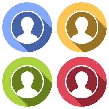 Profil, kişi bir dairede. Mavi, turuncu, yeşil ve kırmızı renkli daireler uzun gölge ile beyaz simgeler kümesi. Etiket tarzı