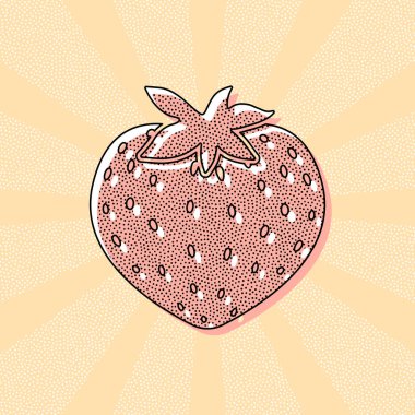 çilek simgesi. Retro Vintage tipografi ofset baskı etkisi ile. Çizgi roman pop sanat arka plan ile nokta poster