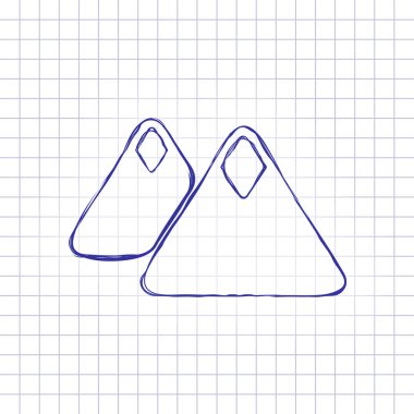 Dağlar simgesi. Basit sembol. Elle çizilmiş resim kağıt sayfası. Mavi mürekkep, anahat kroki tarzı. Damalı zemin üzerine doodle