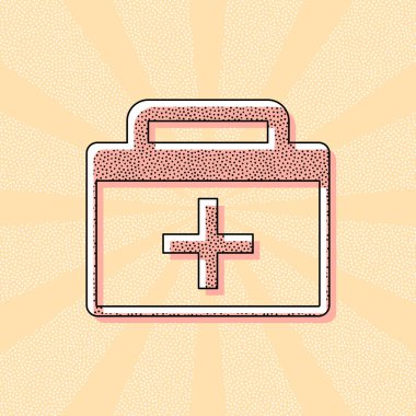 ilk yardım çantası, basit simgesi. Retro Vintage tipografi ofset baskı etkisi ile. Çizgi roman pop sanat arka plan ile nokta poster