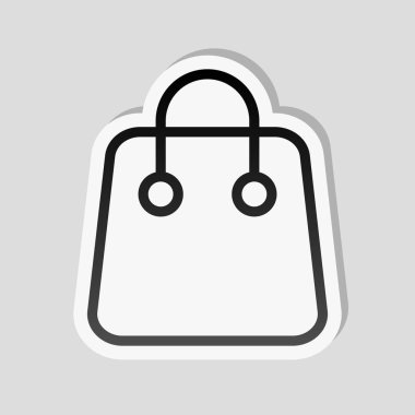 Alışveriş çantası simgesi. Doğrusal, ince anahat. Etiket tarzı ile beyaz ve gri arka plan üzerinde basit gölge