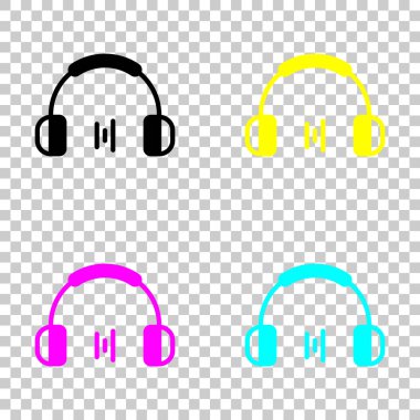 Kulaklık ve müzik dalgası. Dk ses seviyesini. Basit simgesi. Cmyk simgeleri şeffaf arka plan üzerinde renkli dizi