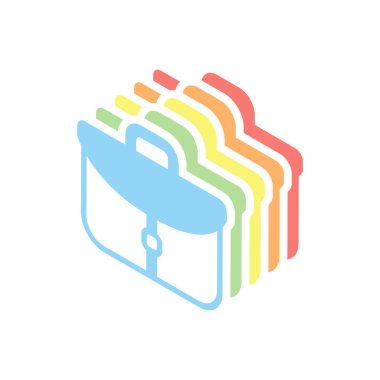 Evrak çantası, office çanta. Beyaz arka plan üzerinde renkli izometrik simgeler yığını