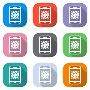 QR kodu. Cep telefonu ile tarama. Teknoloji anahat simgesi. Beyaz simgeleri uygulamalar için renkli kareler olarak ayarlayın. Sorunsuz imkanı ve desen poster için