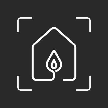 ateş ile ev simgesini alevler. çizgi stili. Beyaz nesne kamera otomatik odaklama koyu arka plan üzerinde