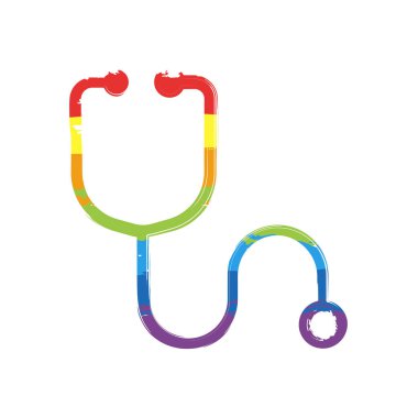 Basit stetoskop simgesi. Doğrusal, ince anahat. Çizim işaretiyle Lgbt stil, gökkuşağı (kırmızı, turuncu, sarı, yeşil, mavi, Indigo, menekşe, yedi renk