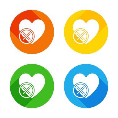 çapraz kalp ile. basit siluet. Renkli daireler arka plan düz beyaz simgesi. Dört farklı uzun gölgeler her köşe