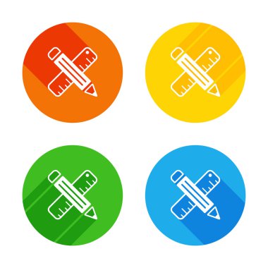 cetvel ve kalem, criss-cross basit sembolü. Renkli daireler arka plan düz beyaz simgesi. Dört farklı uzun gölgeler her köşe