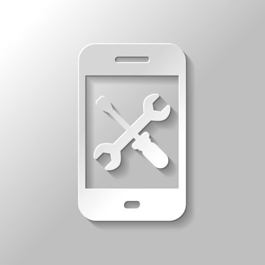Telefon tamir servisi simgesini. Kağıt tarzı ile gölge gri arka plan üzerinde
