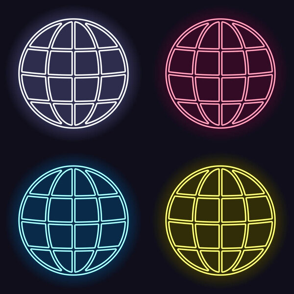 Простой значок глобуса. Линейный, тонкий контур. Набор неоновых знаков. Казино стиль на темном фоне. Бесшовный рисунок

