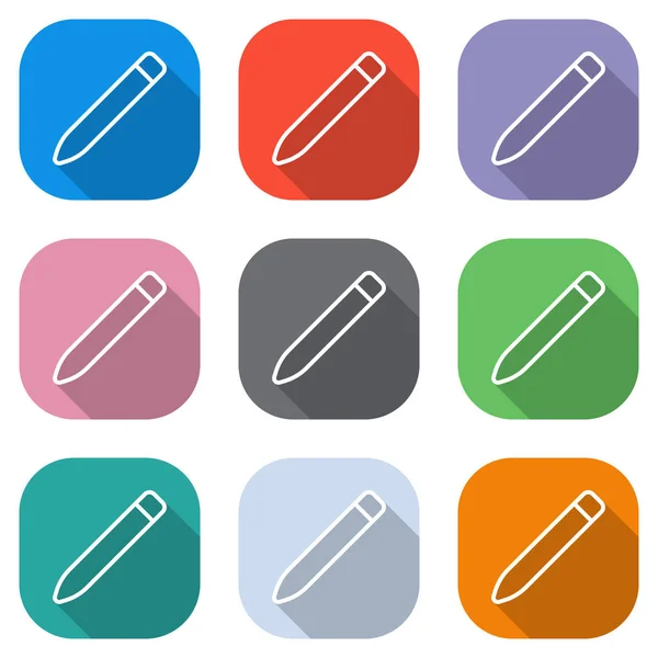 Simple Pencil Linear Thin Outline Set White Icons Colored Squares — Stock Vector