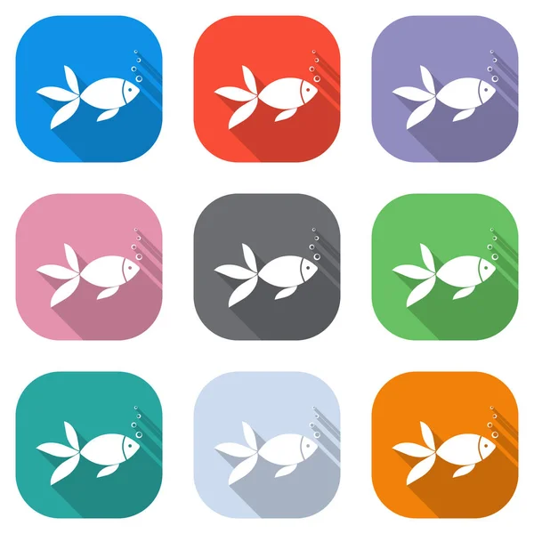 Fisch Mit Blasen Symbol Satz Weißer Symbole Auf Farbigen Quadraten — Stockvektor