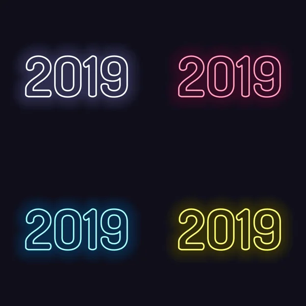 2019年数字图标 新年快乐 一套霓虹灯标志 黑暗背景上的赌场风格 无缝模式 — 图库矢量图片