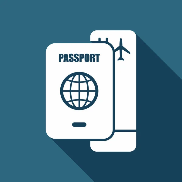 护照登机牌航空旅行的概念 背景上有长阴影的白色平面图标 — 图库矢量图片