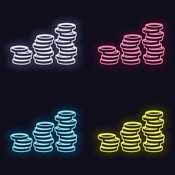 Zásobníku Mincí Finanční Růst Sada Neonový Nápis Casino Styl Tmavém — Stockový vektor