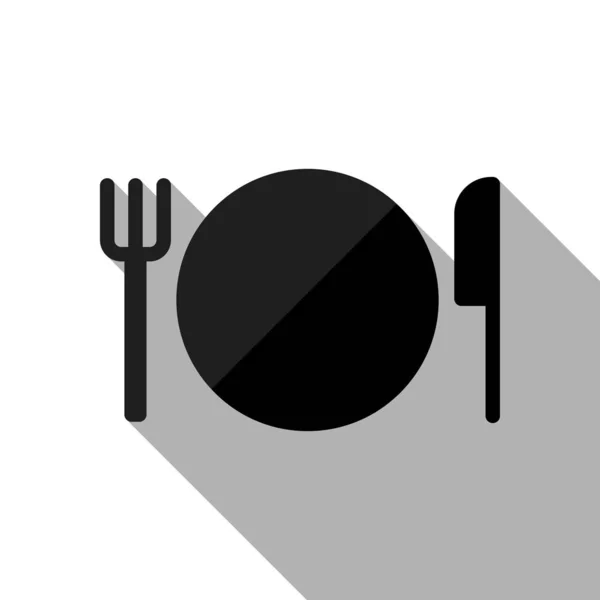 カトラリー プレートのフォークとナイフのアイコン 白い背景上の長い影と黒い物体 — ストックベクタ