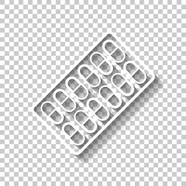 Pack Pills Icon Segno Contorno Bianco Con Ombra Sfondo Trasparente — Vettoriale Stock