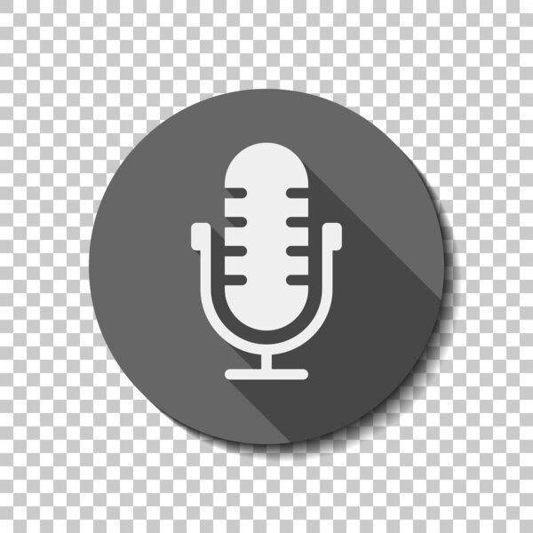 Simple microphone icon. flat icon, long shadow, circle, transparent grid. Badge or sticker style