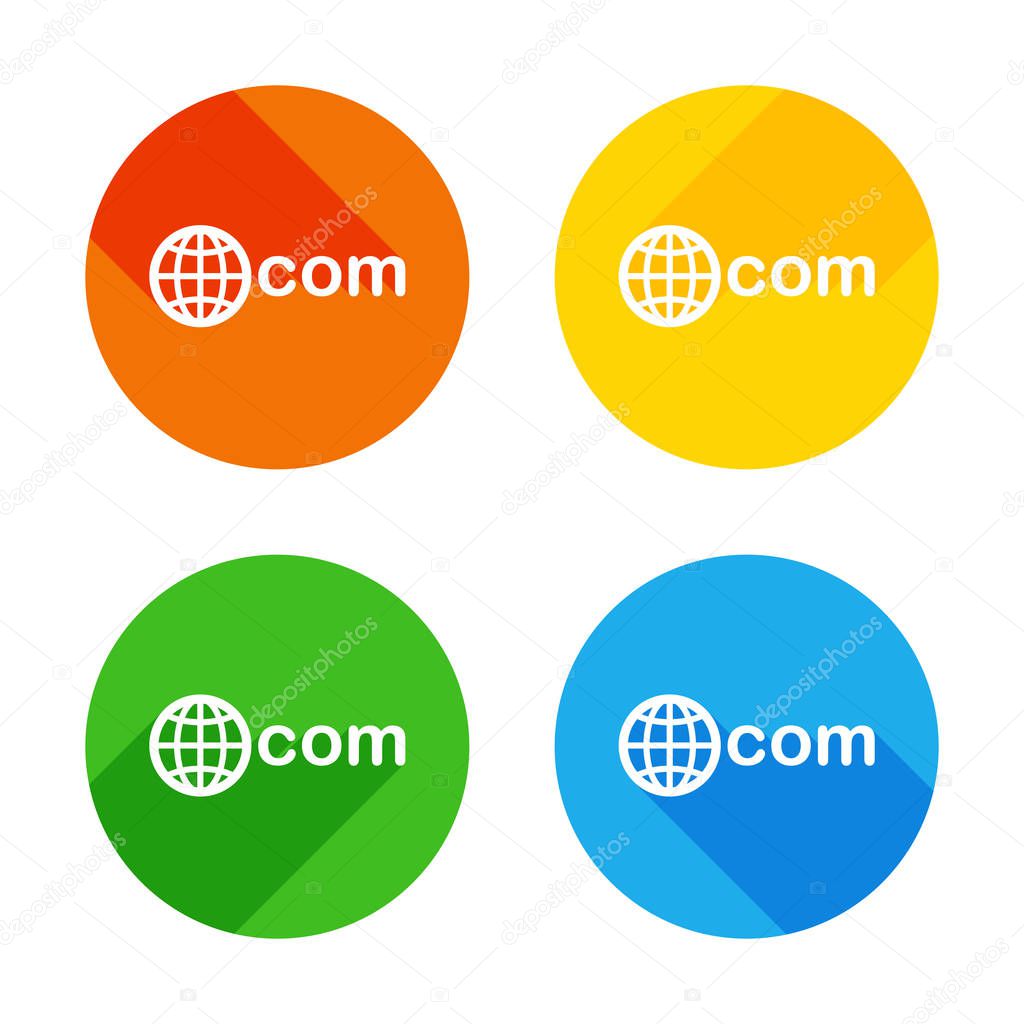 one of main domains, globe and com. Flat white icon on colored circles background. Four different long shadows in each corners