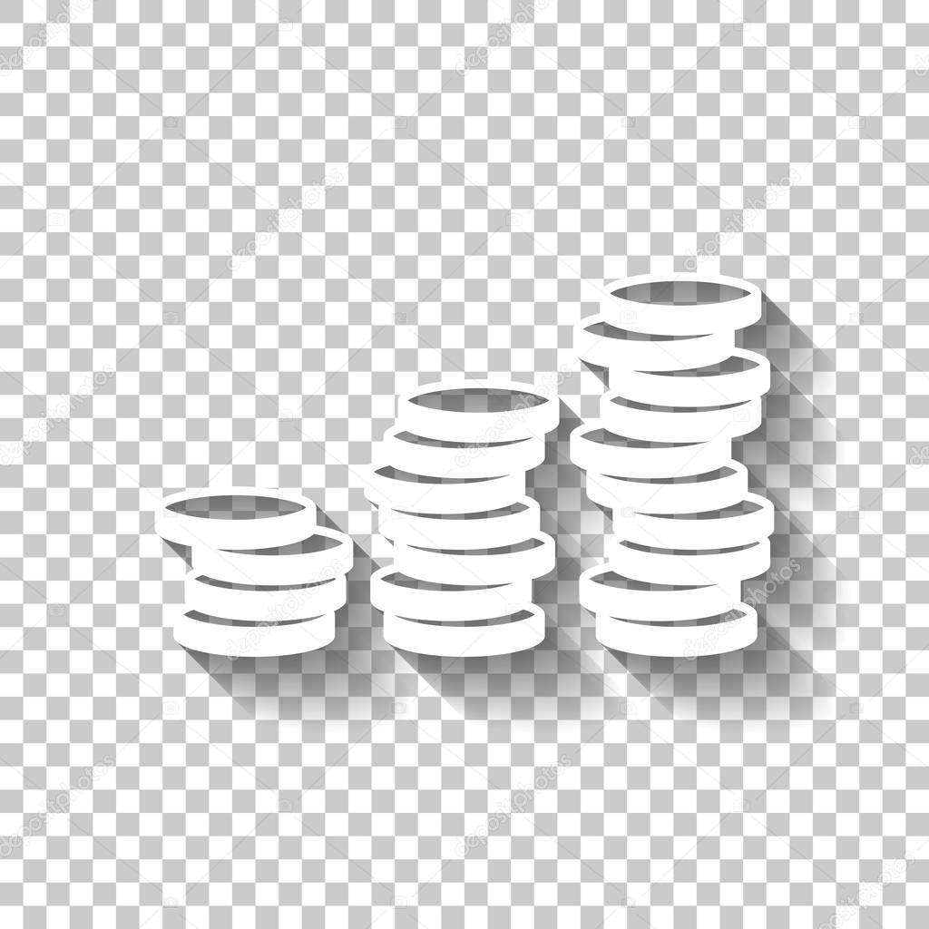 Coins stack, finance grow. White icon with shadow on transparent background