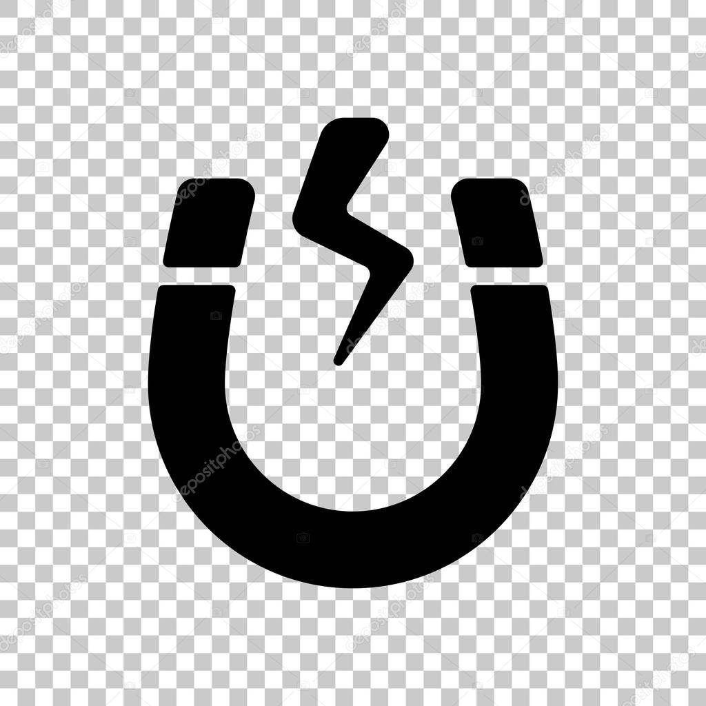 Magnet icon, sign of electromagnetic, silhouette of horseshoe, positive and negative energy. Black symbol on transparent background