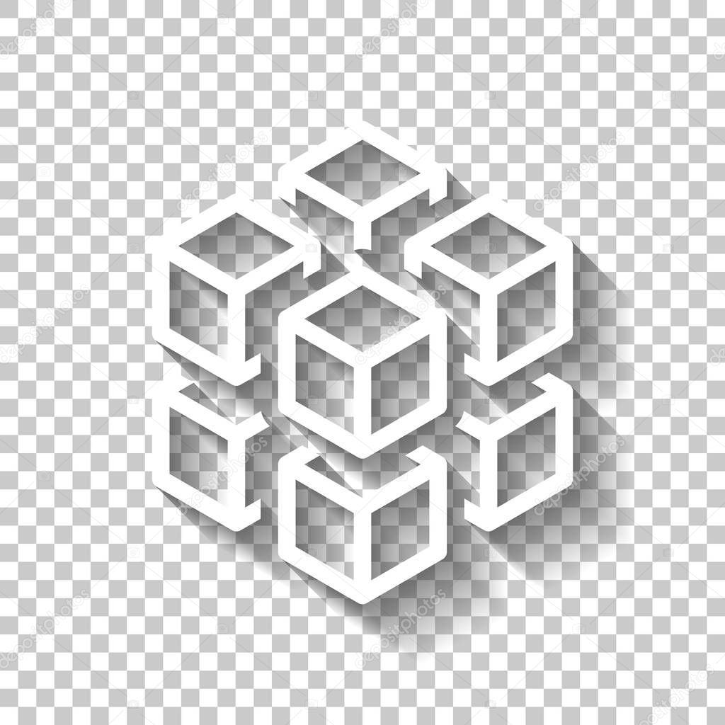 3d cube with eight blocks. Icon of rubik or ice pieces. White icon with shadow on transparent background
