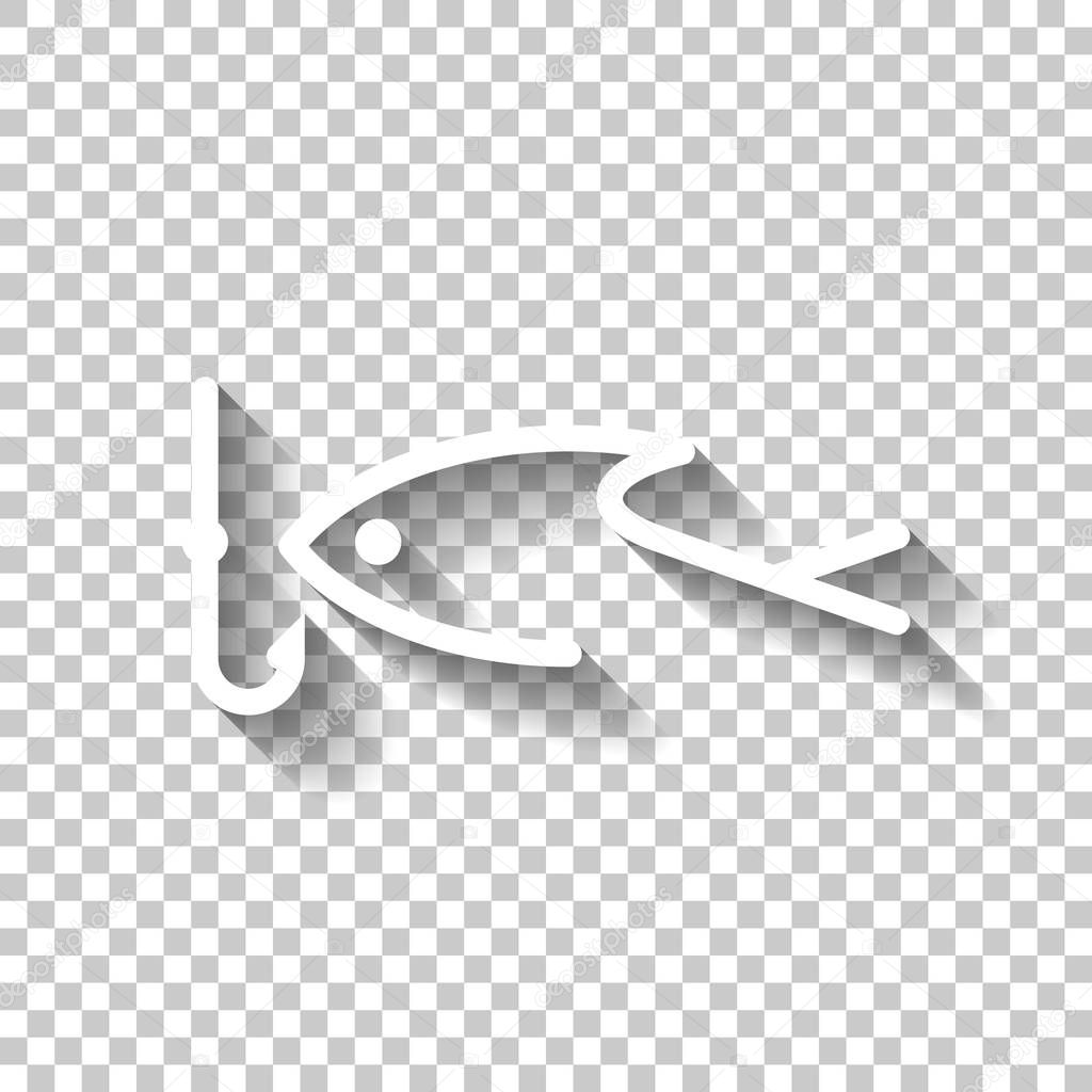 Fishing logo, fish and hook. One line icon, linear symbol. White icon with shadow on transparent background
