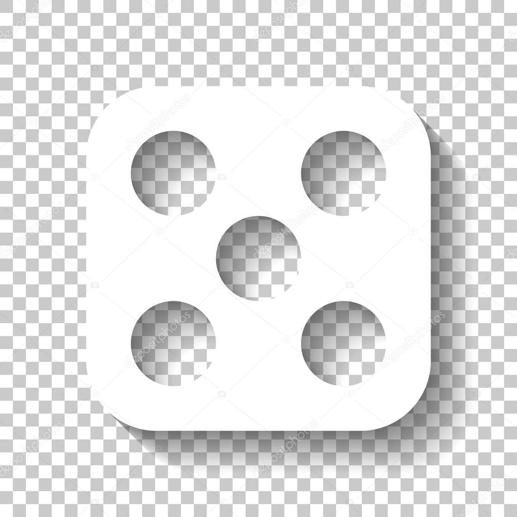 One dice with number five on visible side. Icon of casino games. White icon with shadow on transparent background