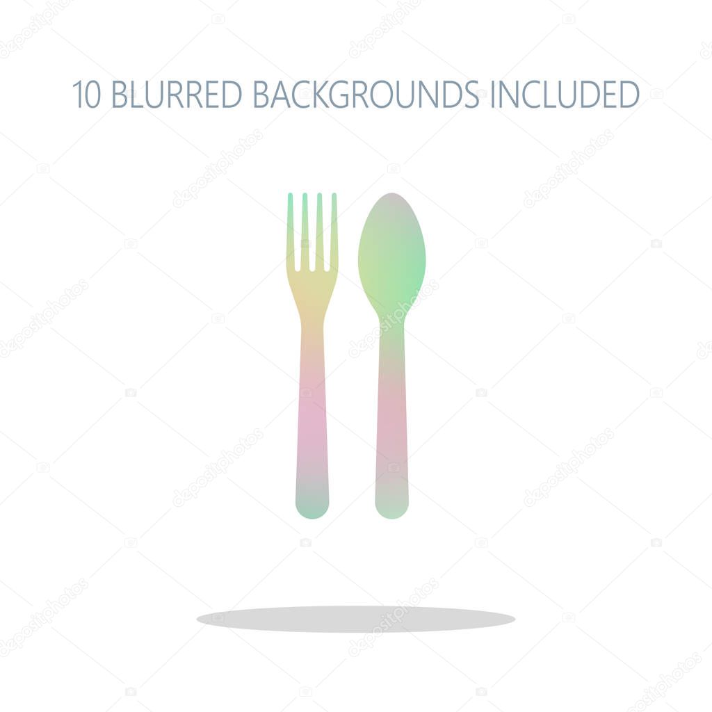 Fork and spoon, icon. Kitchen tools. Colorful logo concept with simple shadow on white. 10 different blurred backgrounds included